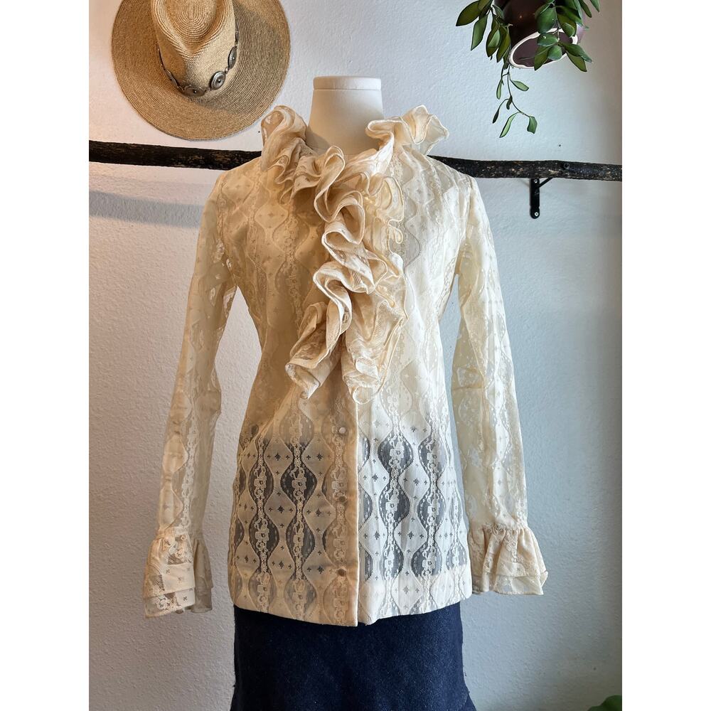 Vintage Neiman Marcus Cream Lace Ruffled Collar Long Sleeve Blouse Size 10 - Picture 2 of 14